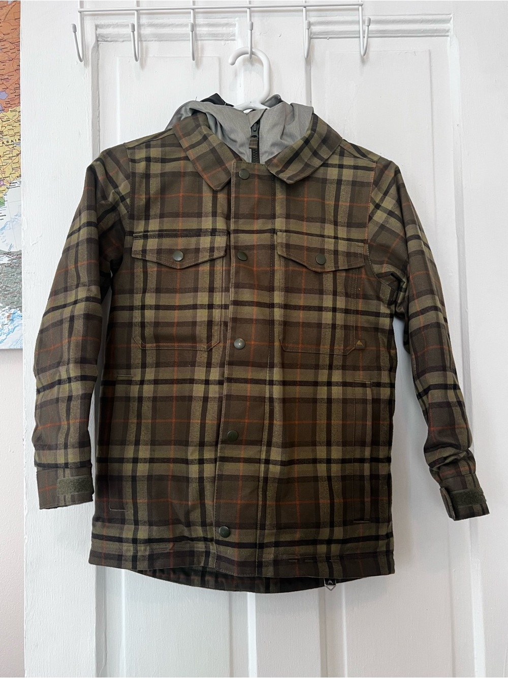 Boys Olive Plaid Hooded Burton Ski jacket